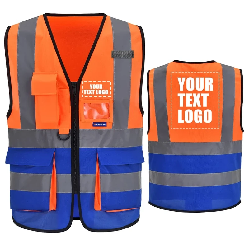 21 colors Personalised Printed orange blue High Vis Vests Class 2 Zipper with Pockets LOGO Customised Hi Viz High Visibility Reflective Safety Vest Security Waistcoat EN20471