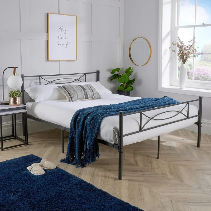 Home Source Slatted Bedframe, Powder Coated Matt Dark Grey Metal Frame, 4ft Small Double - Image 1