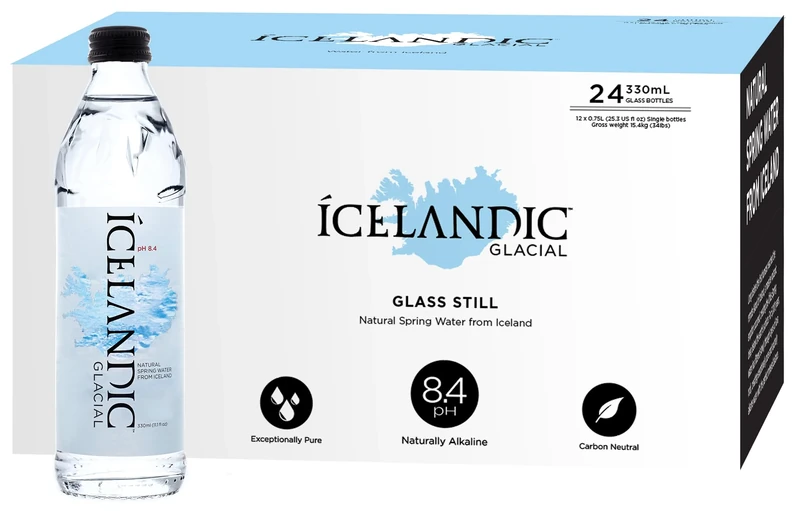 Icelandic Glacial Premium Still Water 330ml Glass Bottles x 24 Per Pack – Alkaline/Low PH, Recycled Packaging, BPA Free, Carbon Neutral from Icelandic Spring. Low TDS and Mineral Content