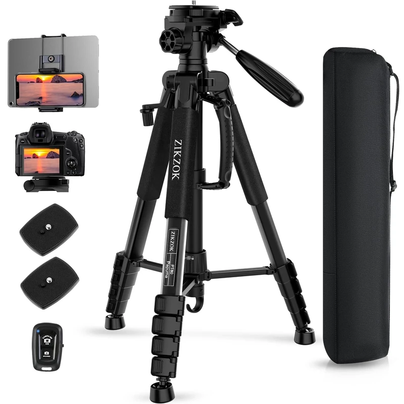 ZIKZOK 75 Inch Camera Tripod, Lightweight Travel Aluminum Cell Phone Video Tripod for DSLR/SLR/DV/GoPro/iPhone with Bag (Weight 2.8Lbs/Load 11Lbs) Black