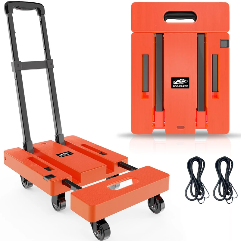 SOLEJAZZ Folding Hand Truck, Portable Dolly for Moving, 500LB Luggage Cart With 6 Wheels & 2 Bungee Cords for Travel, Shopping, Office Use, Orange