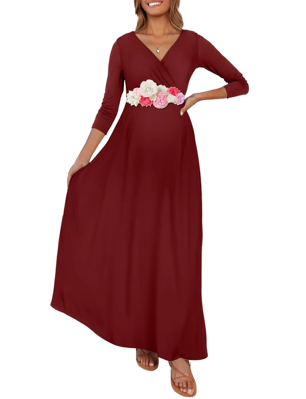 KIM S Maternity Maxi Dress with Flower Sash(S-3XL)/Wrapped Ruched V Neck Photoshoot Baby Shower Dresses, Burgundy, S