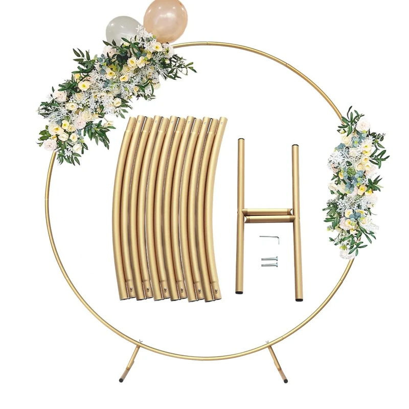 Metal Round Balloon Arch Kit Decoration Golden Circle Background Stand Frame for Wedding Birthday Party Commercial or Graduation Celebration Christmas Supplies Backdrop (6.7FT).