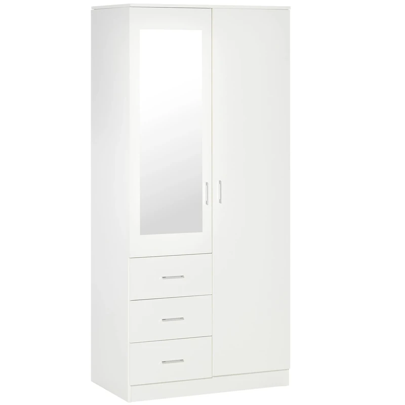 HOMCOM Modern Mirror Wardrobe 2 Door Storage Cupboards Home Storage Organisation Furniture with Adjustable Shelf, Hanging Rail and 3 Drawers, 180cm, White