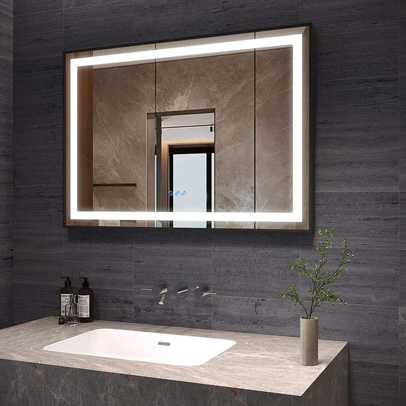 AQUABATOS Bathroom Mirror with Lighting 100 x 70 cm Black Frame LED Bathroom Mirror Illuminated Warm White 6400 K and Cool White 3000 K Dimmable Touch Switch Anti-Fog - Image 1