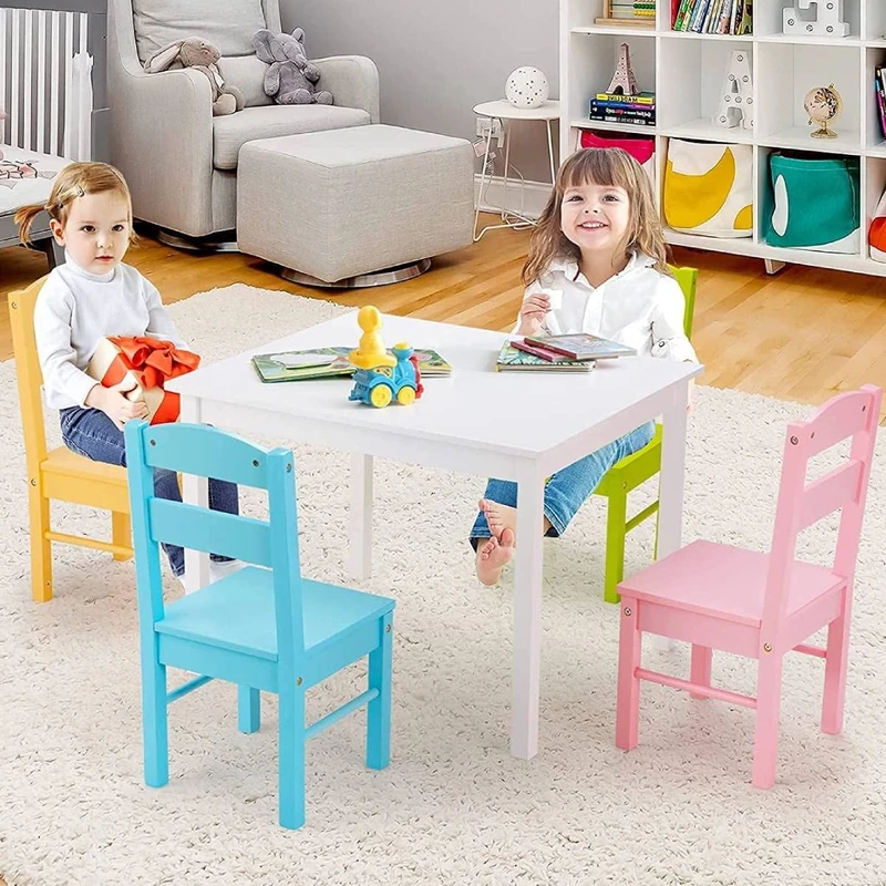 GYMAX Kids Table with 4 Chairs, Wooden Children Desk & Chair Set, 5-Piece Toddler Activity Furniture for Playing, Learning and Eating (Multicolor +White)