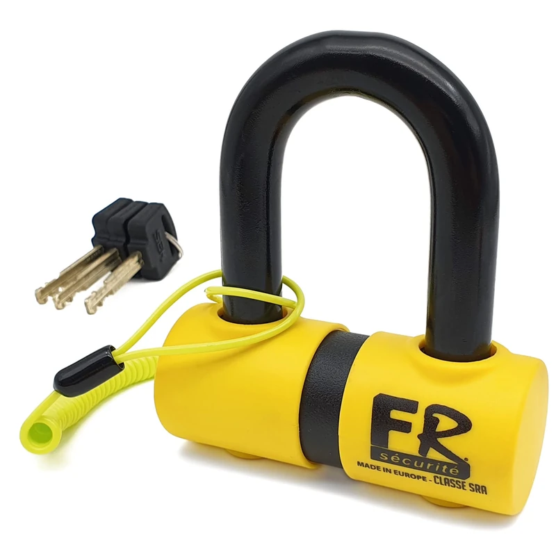 FR SECURITE FR50 Mini U Motorcycle Disc Lock SRA Approved, 18mm Diameter Hardened Steel Shackle, Double Locking Mechanism, High-Security Anti-Pick, Reminder Cable, Moto Anti Theft Wheel Brake Lock