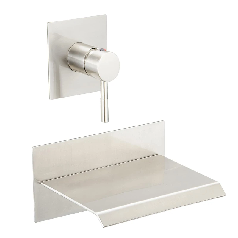 BWE Bathtub Faucet Brushed Nickel Waterfall Bathtub Faucet Wall Mounted Tub Spout Bathroom Tub Filler Single Handle Shower Set Coarse Valve
