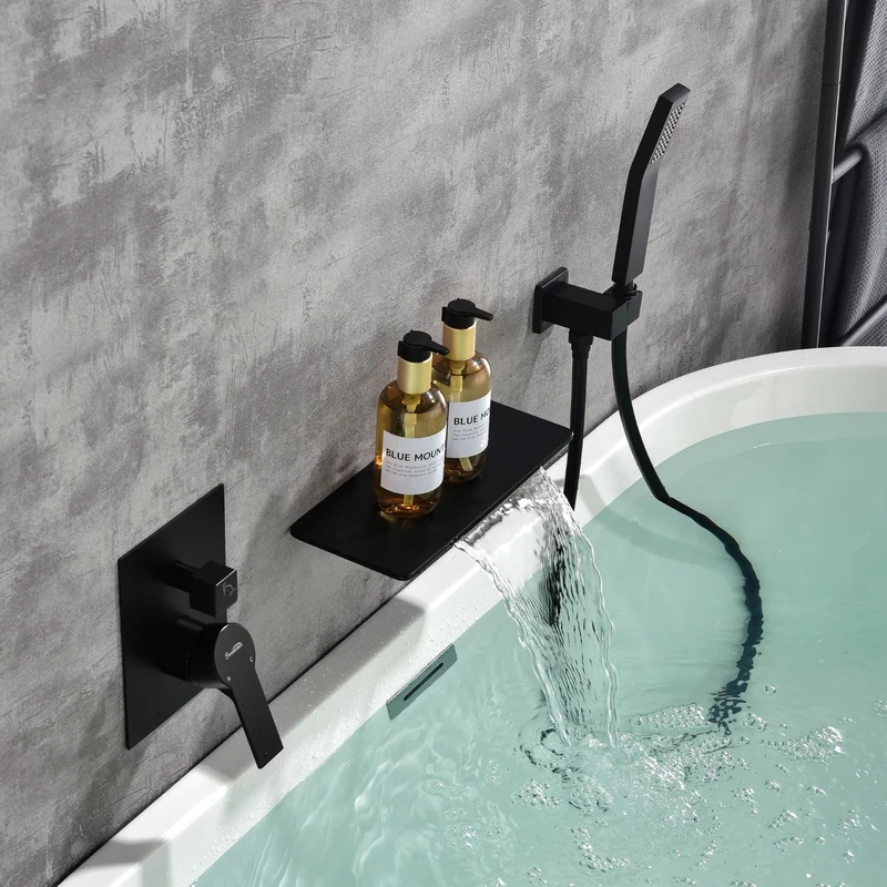 SHAMANDA Waterfall Bathtub Faucet with Sprayer, Wall Mounted Bathtub Filler with Hand Shower, Single Handle Bathtub Faucet with Handheld Shower Head (Coarse Valve Body and Edge Included), Matte Black