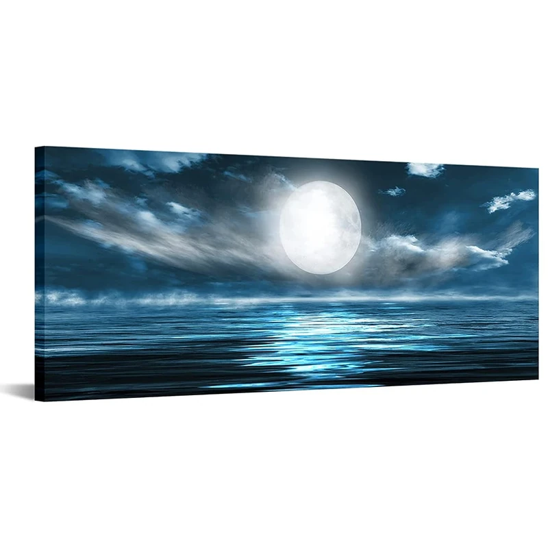 VANSEEING Full Moon over The Ocean Canvas Wall Art Navy Blue Sea at Night Landscape Picture Prints for Bathroom Bedroom Decor Stretched and Framed 20x48inch