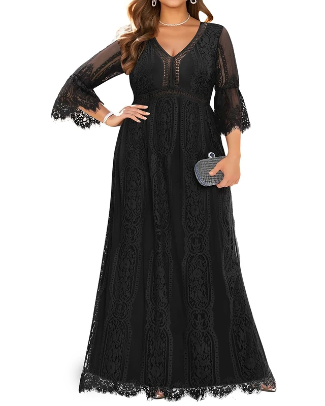 Women's Plus Size Boho Maxi Floral Lace Bohemian Wedding Dress V Neck Flowy Long Party Dresses, Black, 26 Plus