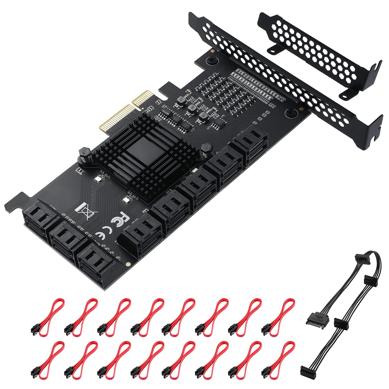 MZHOU 16 Port PCIe SATA Card - 6Gbps SATA 3.0 Controller Expansion Card with Low Profile Bracket and Power Splitter Cable - Supports PCIe X4/X8/X16 Slots