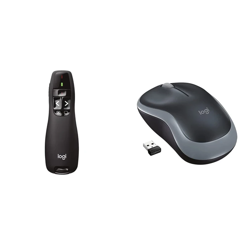 Logitech R400 Wireless Presentation Remote, 2.4 GHz, PC - Black & M185 Wireless Mouse, 2.4GHz with USB Mini Receiver, Grey