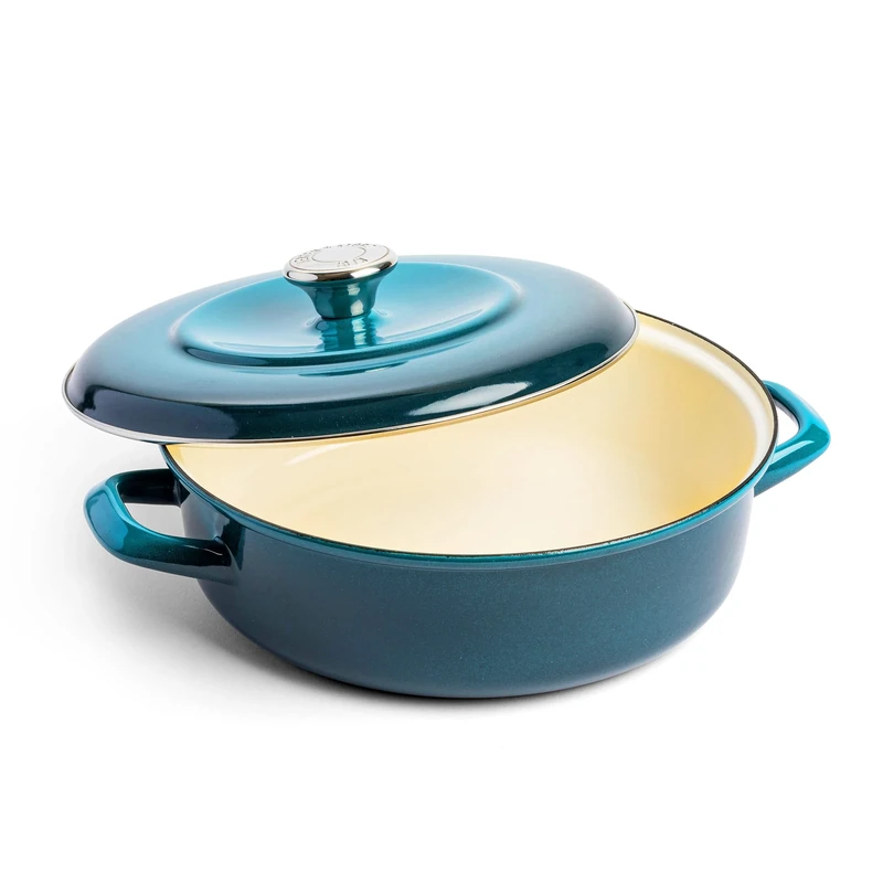 Merten & Storck German Enameled Iron, Shallow Round 26 cm/3.8 Litre Dutch Oven with Lid, Induction,Deep Blue
