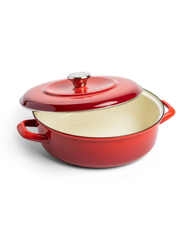 Merten & Storck German Enameled Iron, Shallow Round 26 cm/3.8 Litre Dutch Oven with Lid, Induction,Lava Red
