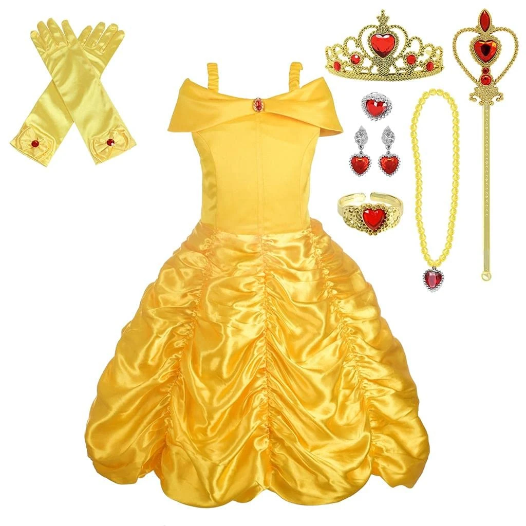 Lito Angels Beauty and the Beast Costume Princess Belle Iconic Fancy Dress Up Gold Gown with Accessories for Kids Girls Age 5-6 Years