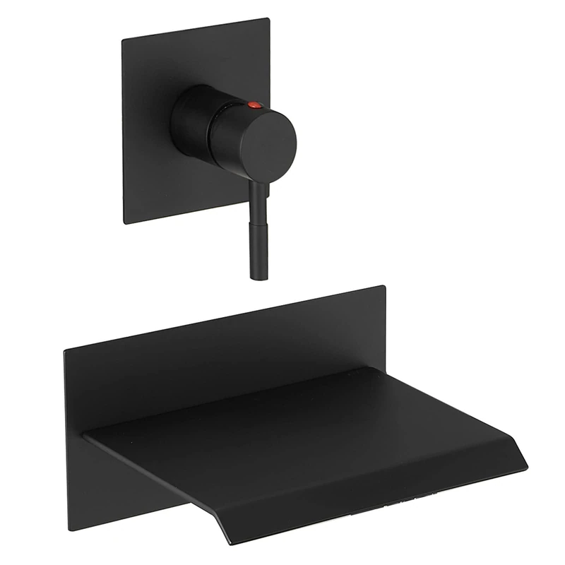 BWE Wall Mounted Bath Faucet Matte Black Single Lever Bath Faucet with Coarse Valve High Flow Waterfall Tub Spout