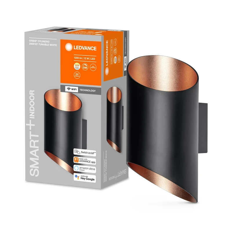 LEDVANCE ORBIS CYLINDRO Smart+ Wi-Fi Luminaire, Dimmable LED Indoor Wall Luminaire, 12W, Colour Temperature 3000-6500K, 600 Lumen, White/Gold, Cylinder with Asymmetrical Bevels, 20x12cm