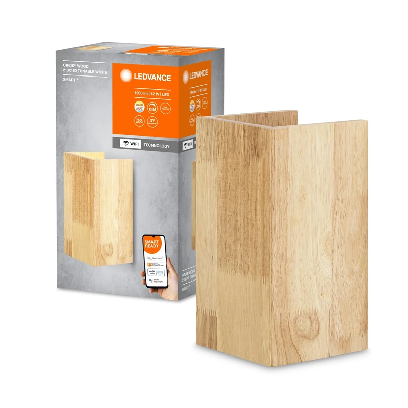 LEDVANCE ORBIS Wood Smart+ Wi-Fi Lamp, Dimmable LED Indoor Wall Lamp, 14W Illumination, Colour Temperature from 3000-6500K, 600 Lumen, Square Shape Made of Real Wood, FSC Certificate, 21x11cm