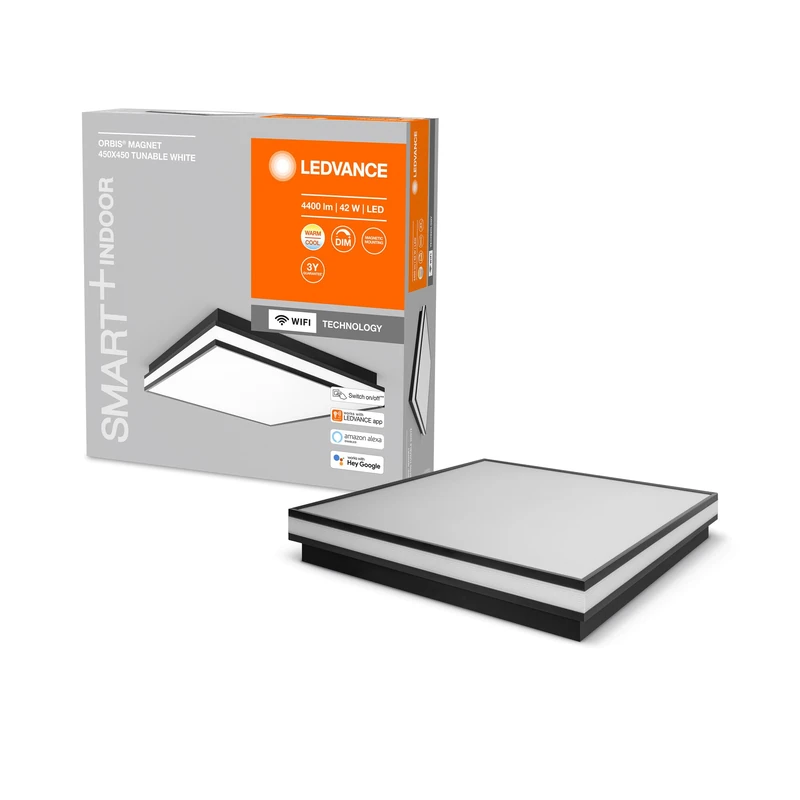 LEDVANCE ORBIS Magnet Smart+ Wi-Fi 45x45cm, Dimmable LED Ceiling Light for Indoor Use, 42W, Colour Temperature 3000-6500K, 4200 Lumen, Design Lamp with Innovative Magnetic Frame, Black