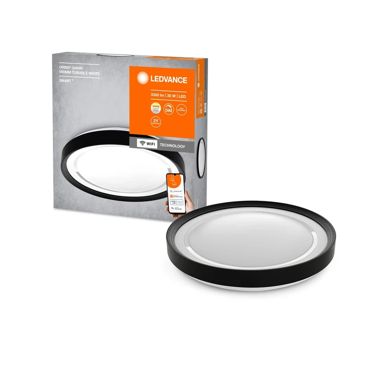 LEDVANCE ORBIS Garvin Smart+ WiFi Lamp Ø 48cm, Dimmable LED Ceiling Light for Indoor Use, 30W, Colour Temperature from 2700-6500K, 3300 Lumen, Round Design Lamp, White with Black Ring