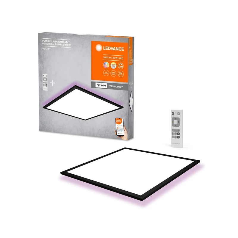 LEDVANCE LED WiFi Ceiling Light Black, 40W, 2700LM, 3000-6500K, 60x60 cm, Wall Light Dimmable, RGB Technology, Smart+Planon, Controllable Via App or Voice Assistant Alexa or Google