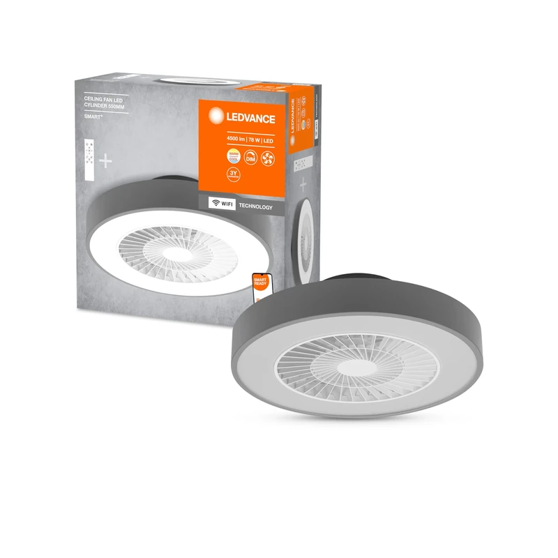 LEDVANCE Smart WiFi LED Ceiling Fan Light, Cylinder-Shaped, Grey, Dimmable, Adjustable Air Speed, Remote Control Included, Controllable Via App and Voice Assistant, Easy Installation,Grey/White