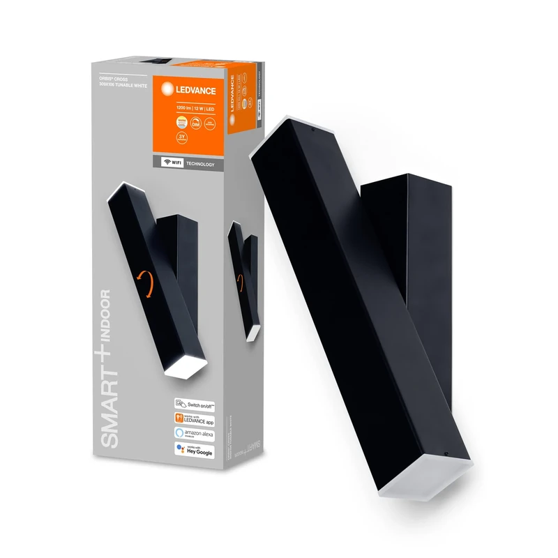 LEDVANCE Smart+ WiFi ORBIS Wall Cross - Wall Light, Dimmable with WiFi Technology Via App, 12W, 3000-6500K Warm White to Cool White, 600 Lumen, Up and Down Light, 30x 10cm, Black