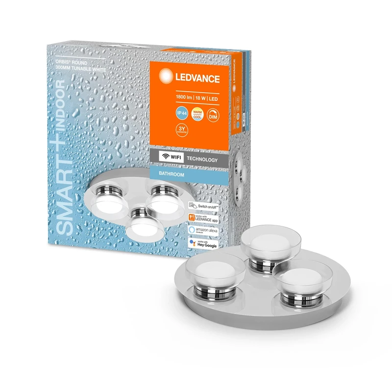 LEDVANCE Smart LED Bathroom Light Chrome, 18W, 1800LM, 3000-6500K, 30cm, IP44, Orbis Round Wall Light, Bathroom Light with WiFi Technology, Dimmable, Controllable Via App and Voice Assistant