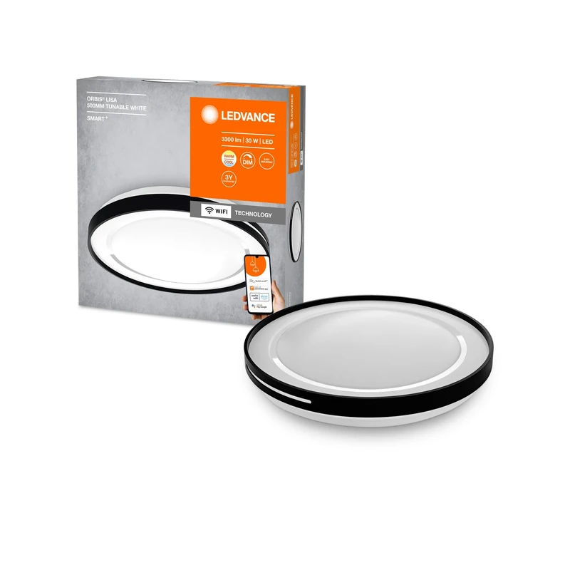 LEDVANCE ORBIS Lisa Smart+ WiFi Luminaire Ø 48cm, Dimmable LED Ceiling Luminaire for Indoor Use, 30W, Colour Temperature 2700-6500K, 3300 Lumen, White with Black Ring and Lateral Light Outlet