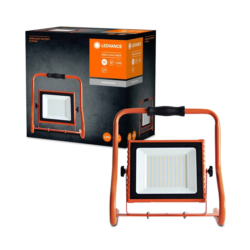 LEDVANCE Worklight LED Akku - 110° LED Construction Spotlight 30W with 4 Hours Battery Life, 2400 Lumen, 4000 K Cool White, IP 44 Protection, Swivelling Lamp Head, As Indoor and Outdoor Lamp