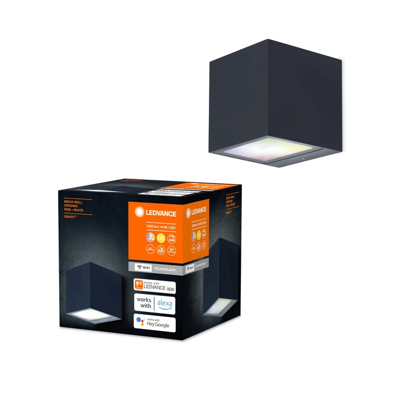 LEDVANCE Smart+ WI-FI Brick RGBW 8.5cm- Dimmable LED Wall Light Dark Grey with High-Quality Aluminium Housing, Square, RGB Colour Control, 14 W, 3000 Kelvin Warm White, 600 Lumen, IP44