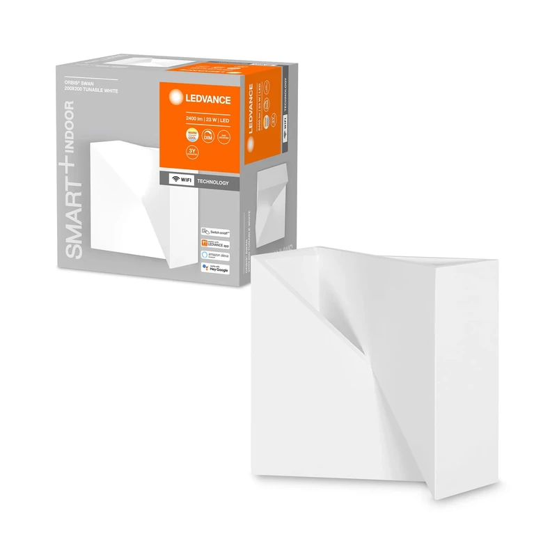 LEDVANCE ORBIS SWAN Smart+ Wi-Fi Luminaire, Dimmable LED Wall Lamp for Indoor Use, 23W, Colour Temperature from 3000-6500K, 600 Lumen, Paintable Surface, Square Shape 20x20cm