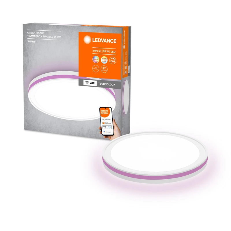 LEDVANCE ORBIS Circle Smart+ WiFi Luminaire Ø 46cm, Dimmable Round LED Ceiling Light for Indoor Use, 28W, Colour Temperature from 3000-6500K, 2400 Lumen, 2 Lights for White and Coloured Light, White