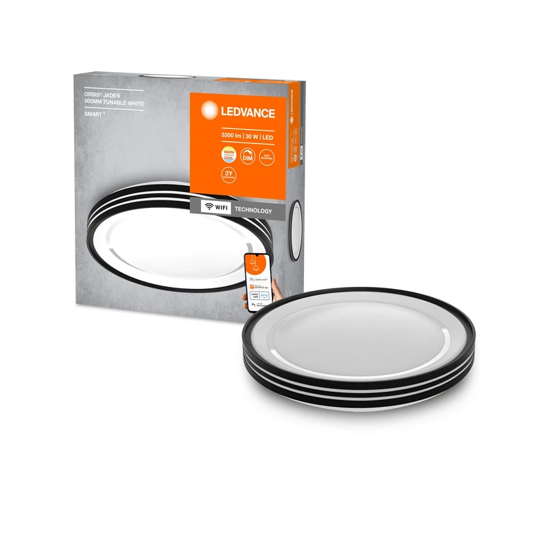 LEDVANCE ORBIS Jaden Smart+ WiFi Luminaire Ø 48cm, Dimmable LED Ceiling Luminaire for Indoor Use, 30W, Colour Temperature 2700-6500K, 3300 Lumen, White with Black Ring and Light Rings On The Sides