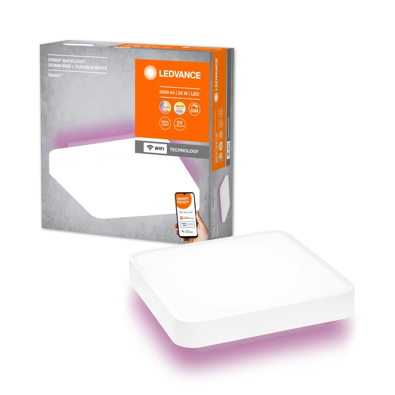 LEDVANCE ORBIS BACKLITE Square SMART+ Wi-Fi White, Dimmable LED Luminaire for Indoor Use, 28W, Colour Temperature 3000-6500K, 2400 Lumen, RGB Light for White and Coloured Light, 35x35cm