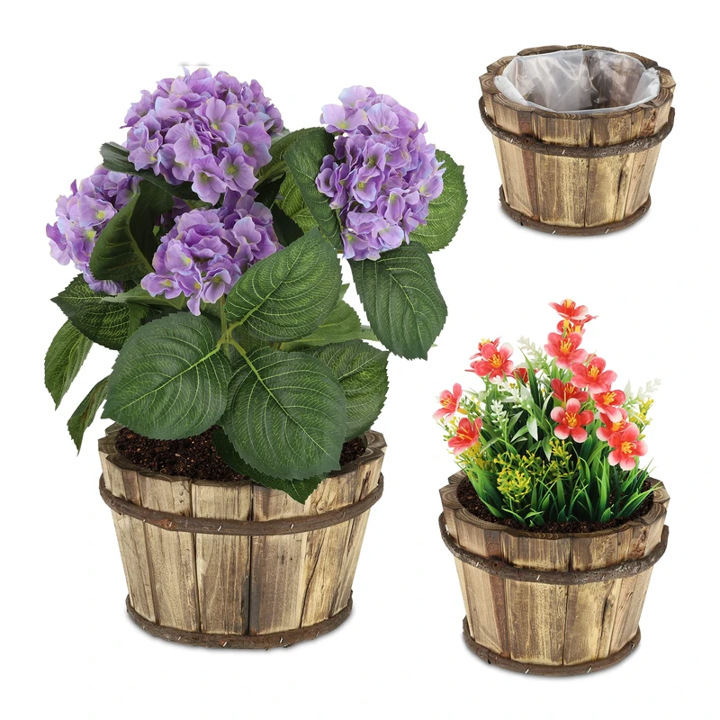 Relaxdays Set of 3 Flowerpots in Various, Bark, for Garden, Balcony and Windowsill, Chestnut, Natural, Brown, Wood, 3 Sizes