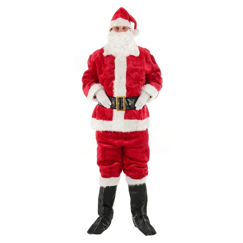 Mr Crimbo Professional Santa Suit Costume – 8 Piece Deluxe Father Christmas Outfit with Beard, Glasses, Belt, Hat & Boot Covers – Red Velour Grotto Fancy Dress – One Size - 44 inch chest