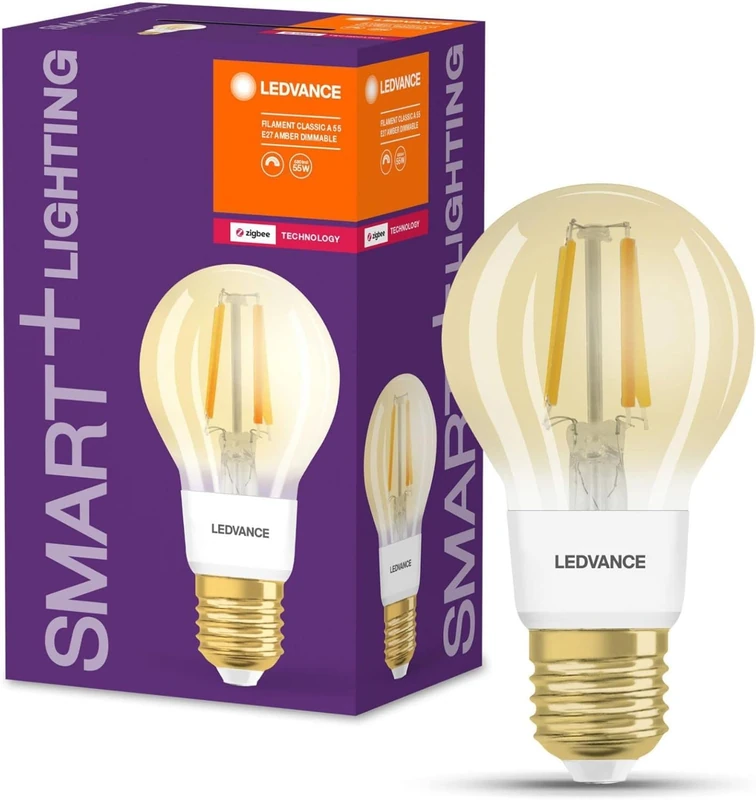 LEDVANCE Smart LED Bulb with ZigBee, E27 Base, Dimmable, Warm White (2400K), Golden Bulb Shape, Clear Filament, Replacement for 55W Bulbs, Controllable with Systems Like Alexa, Google or Hue, 4-Pack.