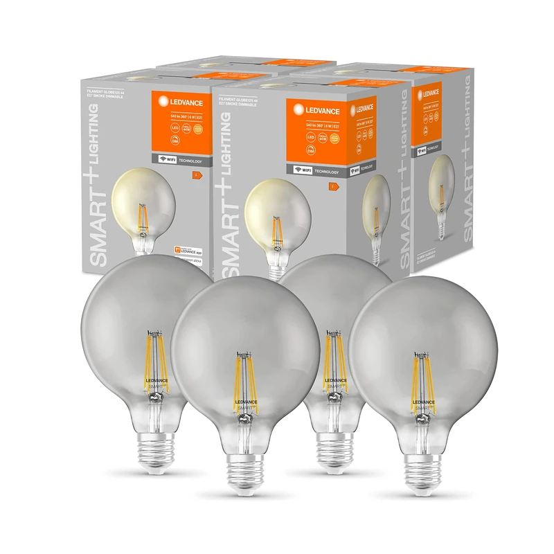LEDVANCE Smart LED Bulb with Wifi Technology, E27, Dimmable, Warm White (2500K), Large Globe Shape, Clear Filament in Smoke Glass, Replacement for Traditional 37W, Controllable with Alexa, Google & App