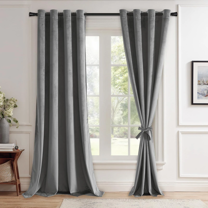 JIUZHEN Super Soft Grey Velvet Curtains 120 inch, Room Darkening Smooth Hand-Feeling Curtains Thermal Insulated Privacy Protection for Parlor Nursery Living Room/Bedroom, 2 Panel with Tiebacks