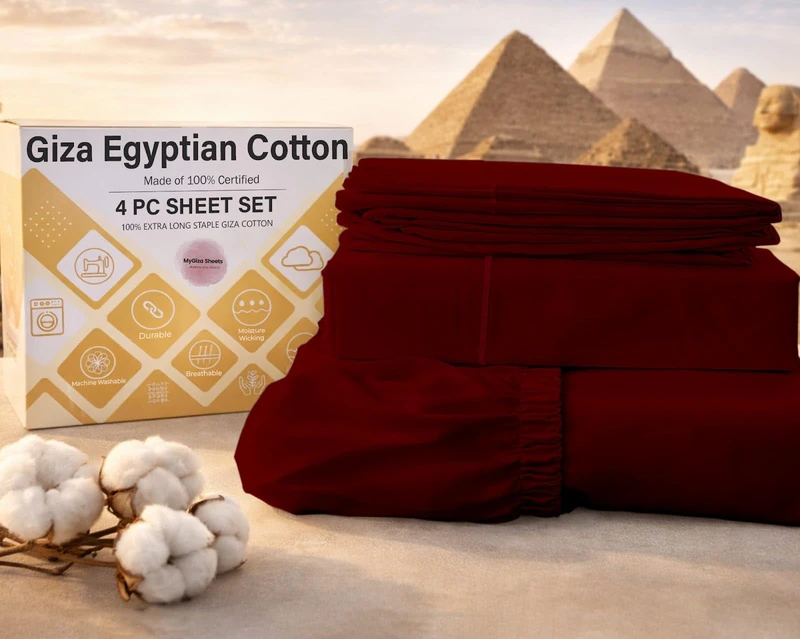MyGiza Sheets, 100% Certified Giza Egyptian Cotton Sheets - Queen Size Double Bed Sheets Set to Fit Upto 18 Inches Deep Mattress (4 Pcs) Burgundy