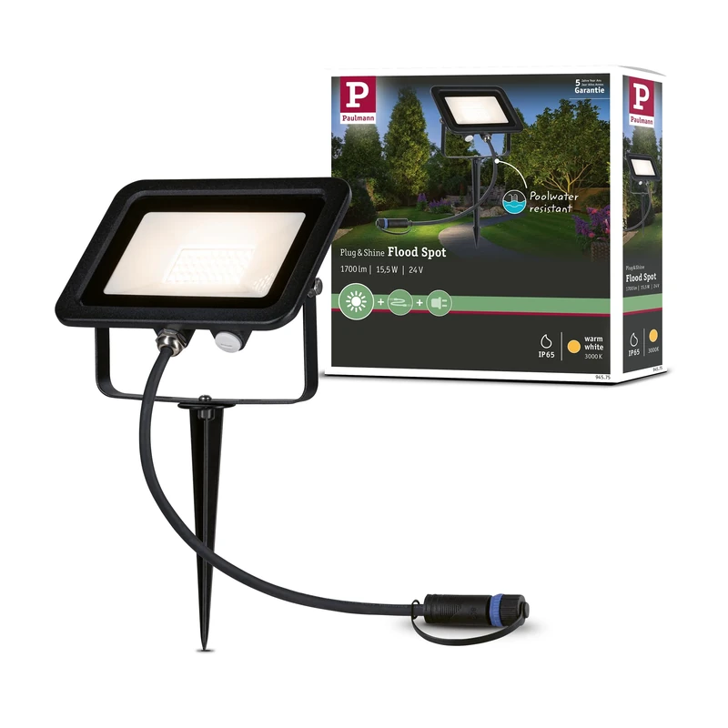 Paulmann Plug & Shine 94575 LED Outdoor Light Garden Spotlight IP65 Warm White Including 1 x 15.5 Watt Black Aluminium Spotlight 3000 K