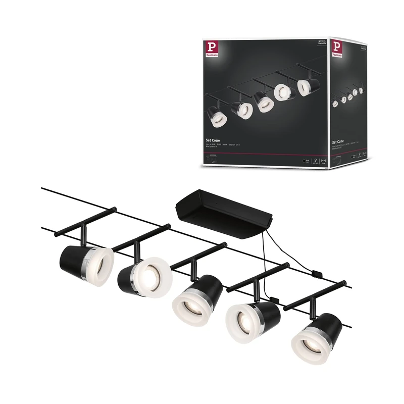 Paulmann 94463 CorDuo Cable System – Basic Lighting Set Cone DC, Max 5 x 10 Watt Extendable Wire Cable Matt Black Plastic GU5.3 Wire Cable System Without Bulbs