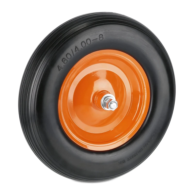 Relaxdays Wheelbarrow Tyre, 4.80 4.00-8, Solid Rubber Spare Wheel, Steel Rim, Puncture-Proof, with Axle, Black/Orange