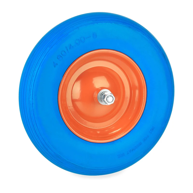 Relaxdays Wheelbarrow Tyre, 4.80 4.00-8, Solid Rubber Spare Wheel, Steel Rim, Puncture-Proof, with Axle, Blue/Orange