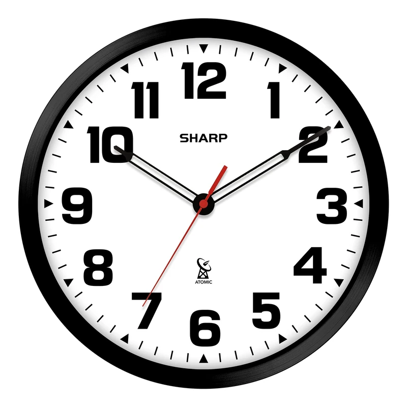 Sharp Atomic Analog Wall Clock - 12" Black Stylish Frame - Sets Automatically- Battery Operated - Easy to Read - Easy to Use – Modern Design and Style