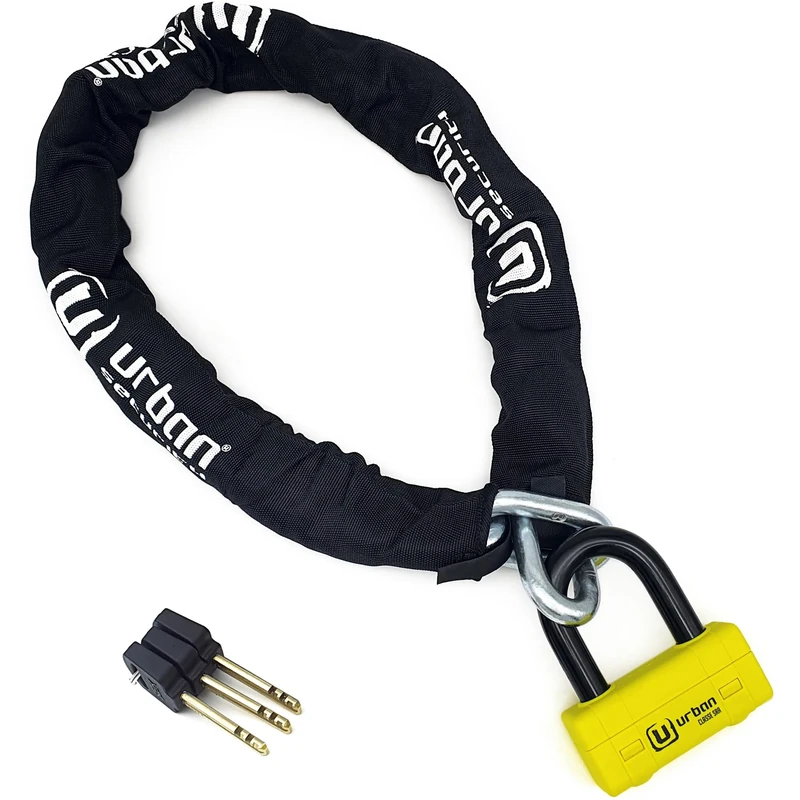 URBAN UR75150 Motorcycle Chain Lock, SRA High Security Certification, Hardened Steel Links ø15mm/0.59in, Double Locking Mini U Padlock, Anti-Pick Anti-Drill Lock, 150cm/4,9ft for Garage Anchor Bike