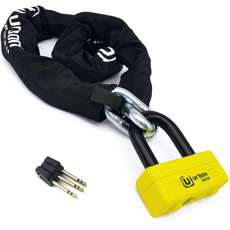 URBAN UR75120 Motorcycle Chain Lock, SRA High Security Certification, Hardened Steel Links ø15mm/0.59in, Double Locking Mini U Padlock, Anti-Pick Anti-Drill Lock, 120cm/3.9ft for Garage Anchor Bike