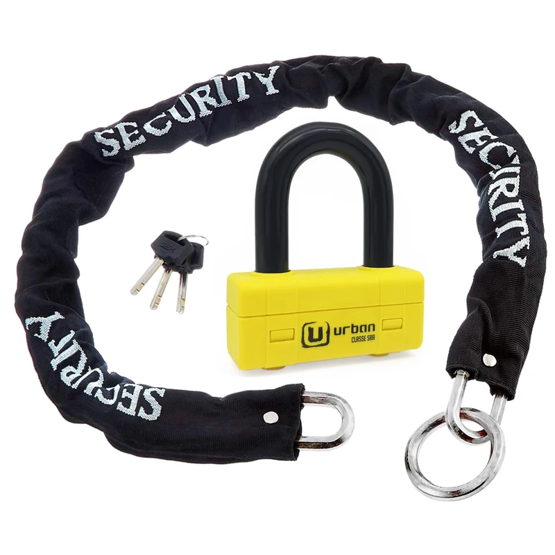 URBAN UR75+10.120L Motorcycle Chain Lock ø10mm/0.39in with Ring + Mini U Lock Disc Lock High Security Approved SRA, 120cm/3.9ft for Longer Distance, Anti Theft for Anchoring, Motorcycle, Parking
